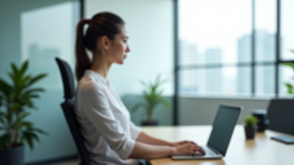 Person sitting at a desk demonstrating correct posture with neutral spine alignment and relaxed shoulders